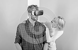 Man VR glasses enjoy video game. Girl happy he like her gift. Gift ideas for men. Make him happy gift him virtual