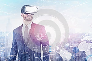 Man in VR glasses, global technology interface