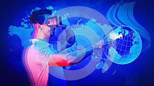 Man with VR glasses tounching 3D globe in concept of metaverse world
