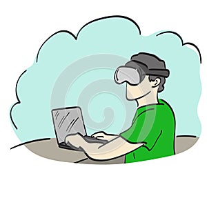 man with vr glasses using laptop computer illustration vector hand drawn isolated on white background line art