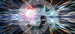 Man in VR headset on bright flashes background