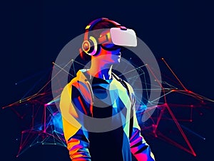 Man with a VR headset and experiencing virtual reality or metaverse