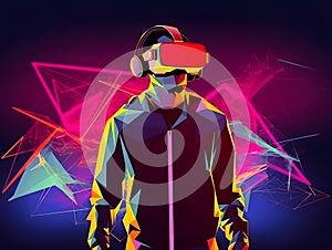 Man with a VR headset and experiencing virtual reality or metaverse