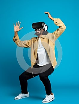 Man with VR headset and experiencing virtual reality simulation or metaverse