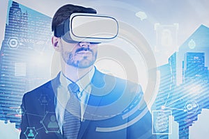 Man in VR headset, HUD business interface