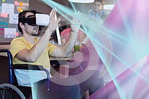 Man in VR headset touching pink and blue lights interfaces