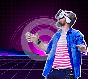 Man in vr headset, Virtual reality simulation concept.