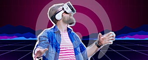 Man in vr headset, Virtual reality simulation concept.