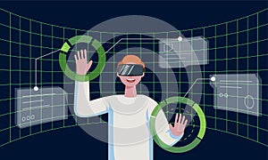 Man with VR helmet connecting to futuristic technology metaverse virtual reality and surrounded with future interface 3d