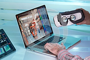 Man with vr virtual reality device for virtual warehouse control