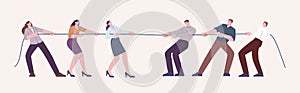 Man vs woman concept. Pulling rope female and male business team. Office workers competition, feminism, gender gap and