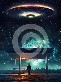 A man waiting at a bus stop, seemingly unaware of the UFO hovering in the sky above him, sci fi concept. Generative AI