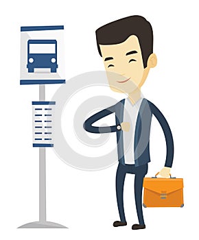 Man waiting at the bus stop vector illustration.