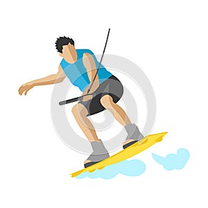 Man wakeboarding in action summer fun hobby water sport character vector illustration extreme wakeboard surfing