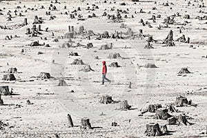 Man walk alone in the post apocalypse landscape