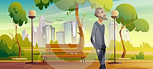 Man walk in city park enjoy nature, promenade photo