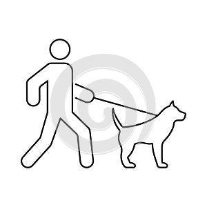 Man Walk with Dog on Leash Black Line Icon. Walker Person with Mammal Pet Dog Flat Symbol. Boy with Domestic Happy Puppy