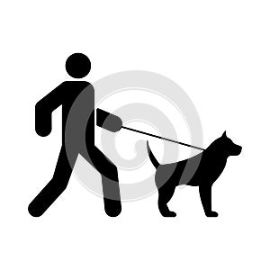 Man Walk with Dog on Leash Black Silhouette Icon. Boy with Domestic Happy Puppy Walking in City Park Glyph Pictogram