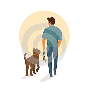 Man walk with his dog, backside view