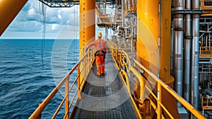 A man is walking across a bridge to an oil rig in the ocean AIG41