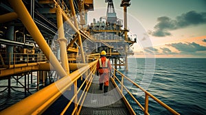 A man is walking across a bridge to an oil rig in the ocean AIG41