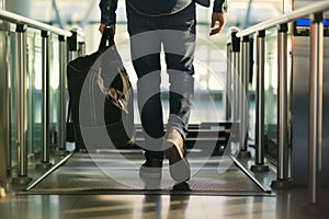 man walking through airport metal detector with carryon bag
