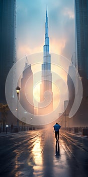 Man Walking Alone on a City Street with Burj Khalifa in Background