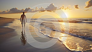 A man walking along the beach at sunrise, enjoying his morning walk on summer vacation