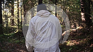 Man walking along path through forest. Footage. Rear view of man all alone. Concept of active recreation in nature