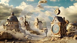 Man Walking Amongst Timepieces in Surreal Landscape