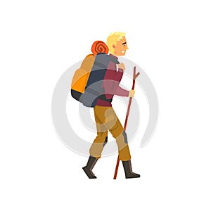 Man walking with backpack and stuff, outdoor adventures, travel, camping, backpacking trip or expedition vector