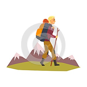 Man walking with backpack and stuff, summer mountain landscape, outdoor adventures, travel, camping, backpacking trip or