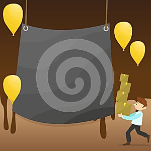 Man Walking Carrying Pile of Boxes and Scattered Yellow Balloons. Blank Color Tarpaulin Hanging in the Center. Creative