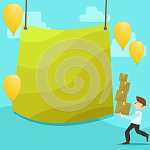 Man Walking Carrying Pile of Boxes and Scattered Yellow Balloons. Blank Color Tarpaulin Hanging in the Center. Creative