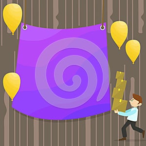 Man Walking Carrying Pile of Boxes and Scattered Yellow Balloons. Blank Color Tarpaulin Hanging in the Center. Creative