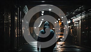 Man walking in city street at night