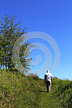 Man walking in countryside footpath with trees