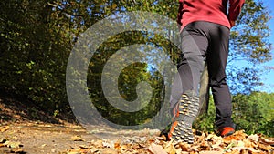 Man walking cross country trail in autumn forest