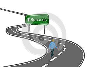 man walking on curved asphalt road highway to the green sign success with white arrow concept of way to success achieving goals v