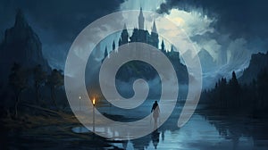 Man Walking By Dark Castle: A Speedpainting With Wizardcore And Romantic Riverscape Elements photo