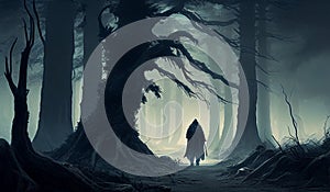 Man walking in dark fantasy horror forest
