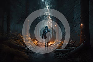 Man walking in the dark forest with lightning. 3D Rendering