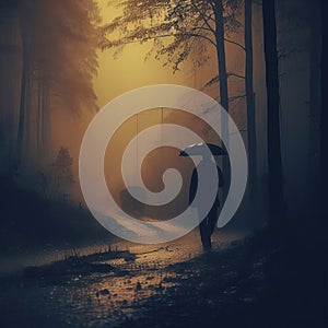 Man walking in dark mysterious forest with fog after rain