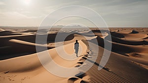 Man walking in the desert with sand dunes in Dubai, United Arab Emirates