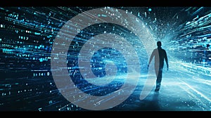 Man walking through digital tunnel of binary code