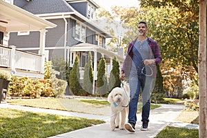 Man Walking Dog Along Suburban Street