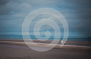 Man walking the dog on the beach