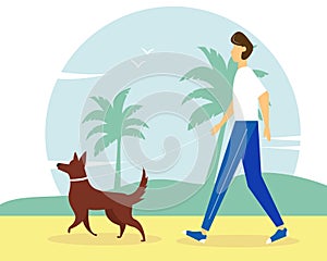 Man walking with the dog on the beach. Summer vector illustration.