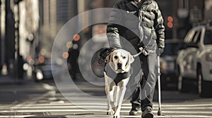 A man is walking a dog on a city street