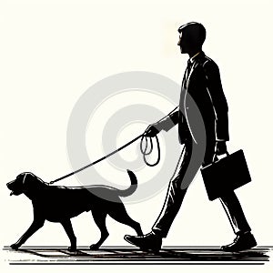 a man walking with a dog on a leash on a road, walking to work, walking towards you, walking through a suburb, walking alone